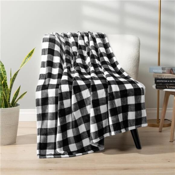 Black and White Buffalo Plaid Fleece Throw Blanket for Couch, Soft Checkered - Picture 3 of 7
